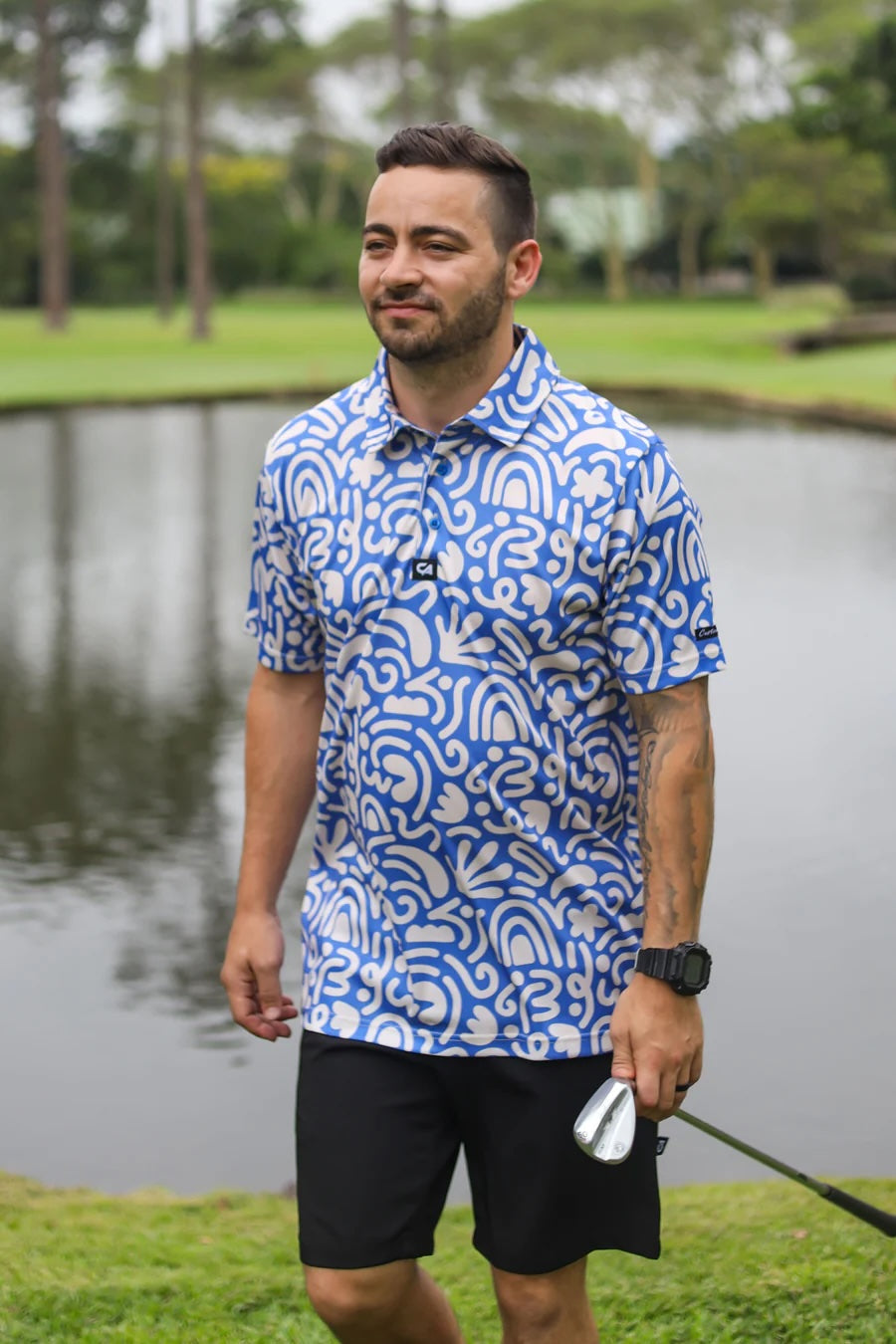 CA Funky Golf Shirt - Blue & Beige Squiggles