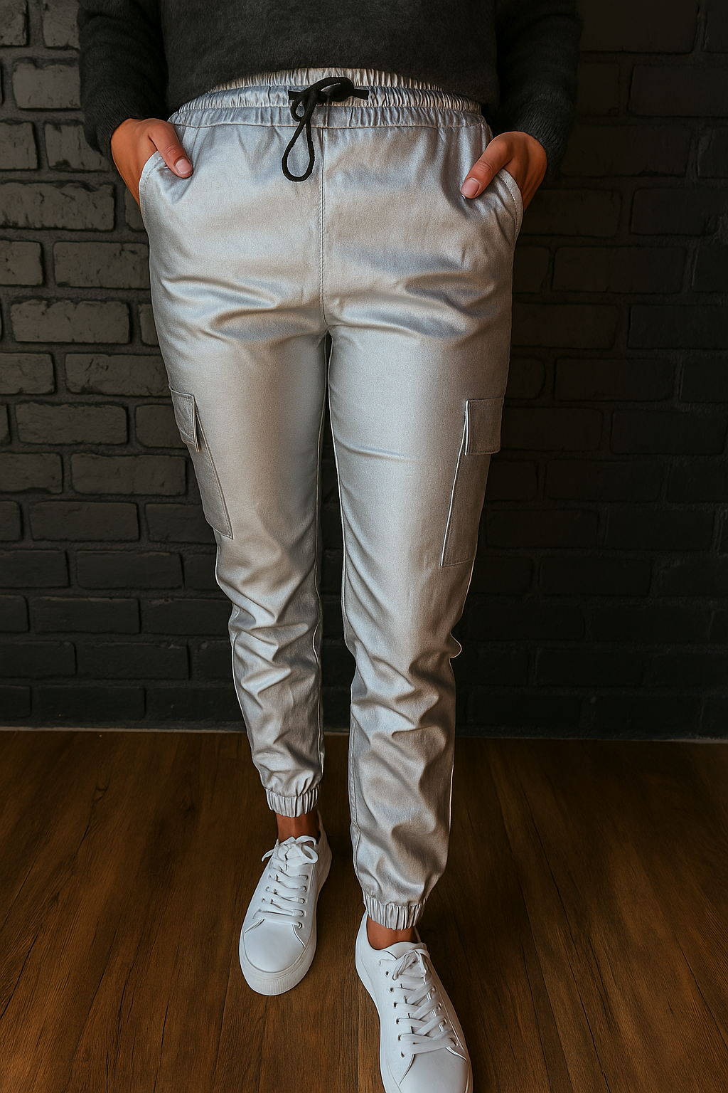 Italian Metallic Cargo Joggers - Silver