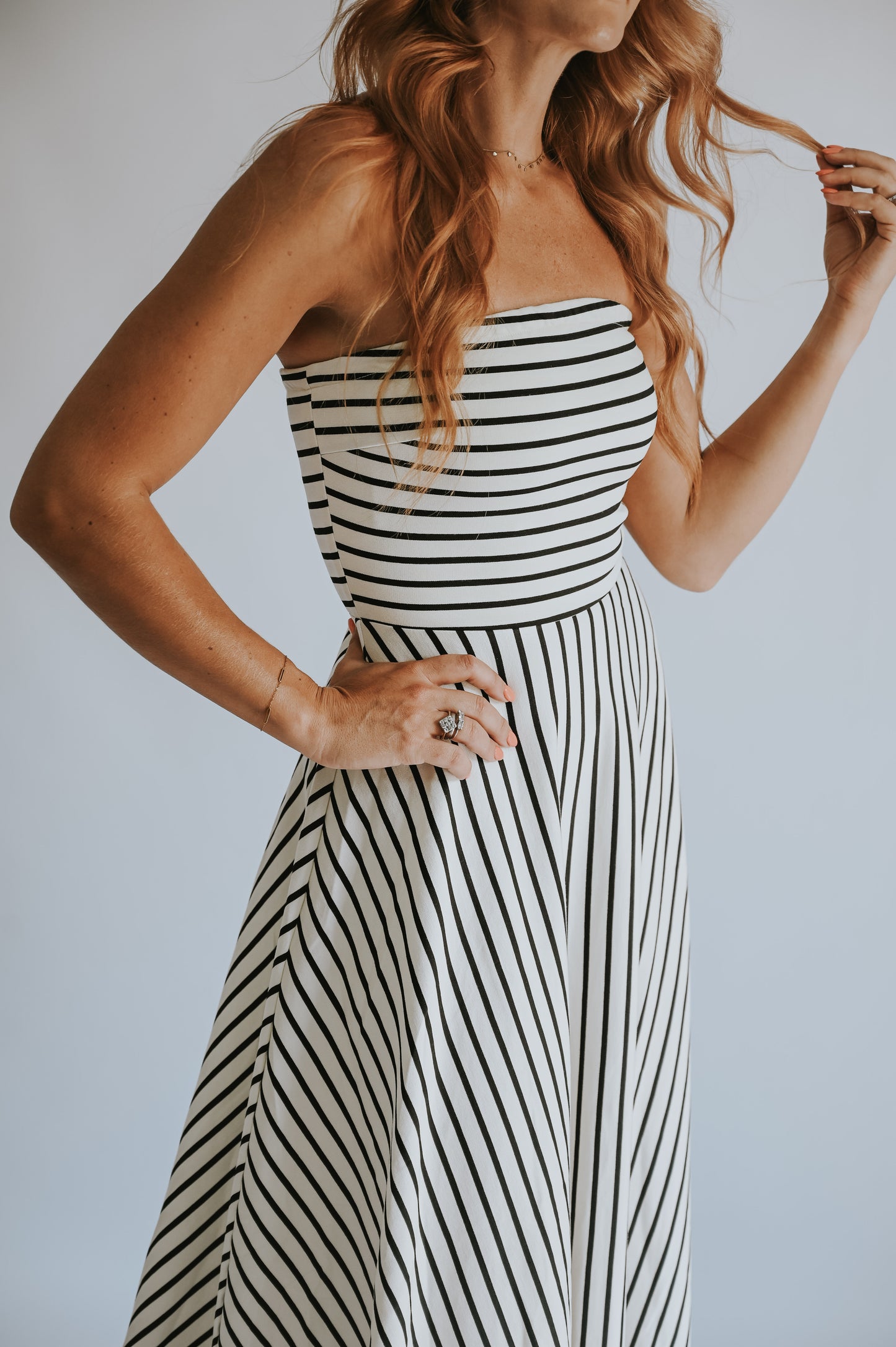 Thandie Strapless Dress Ecru W Black Stripe