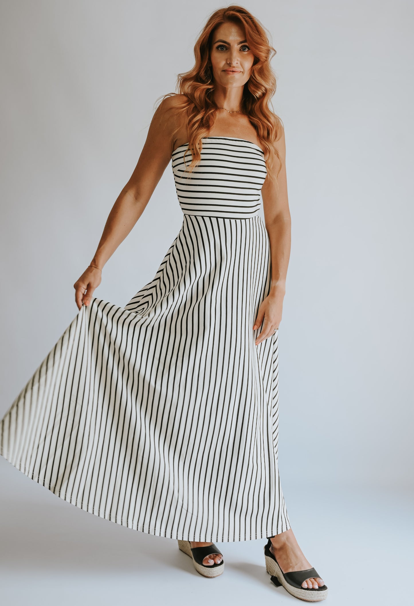 Thandie Strapless Dress Ecru W Black Stripe