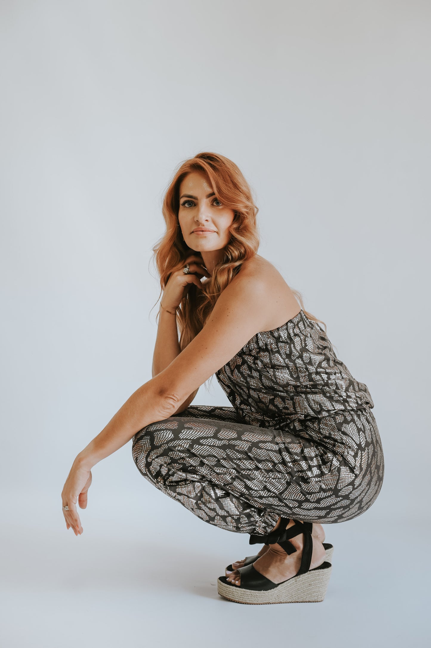STRAPLESS JUMPSUIT / METALLIC ANIMAL