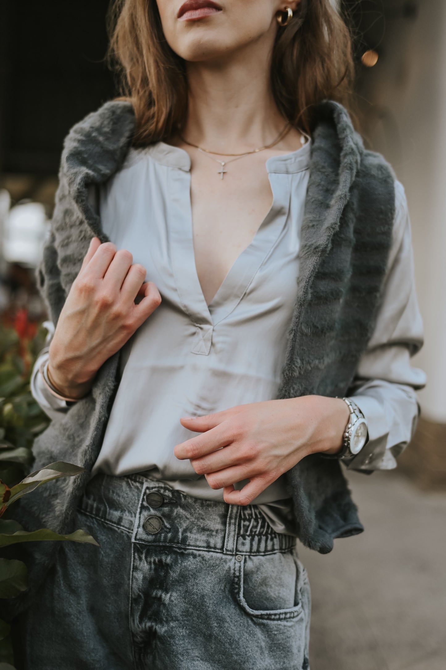 Yaya Satin V-Neck Top