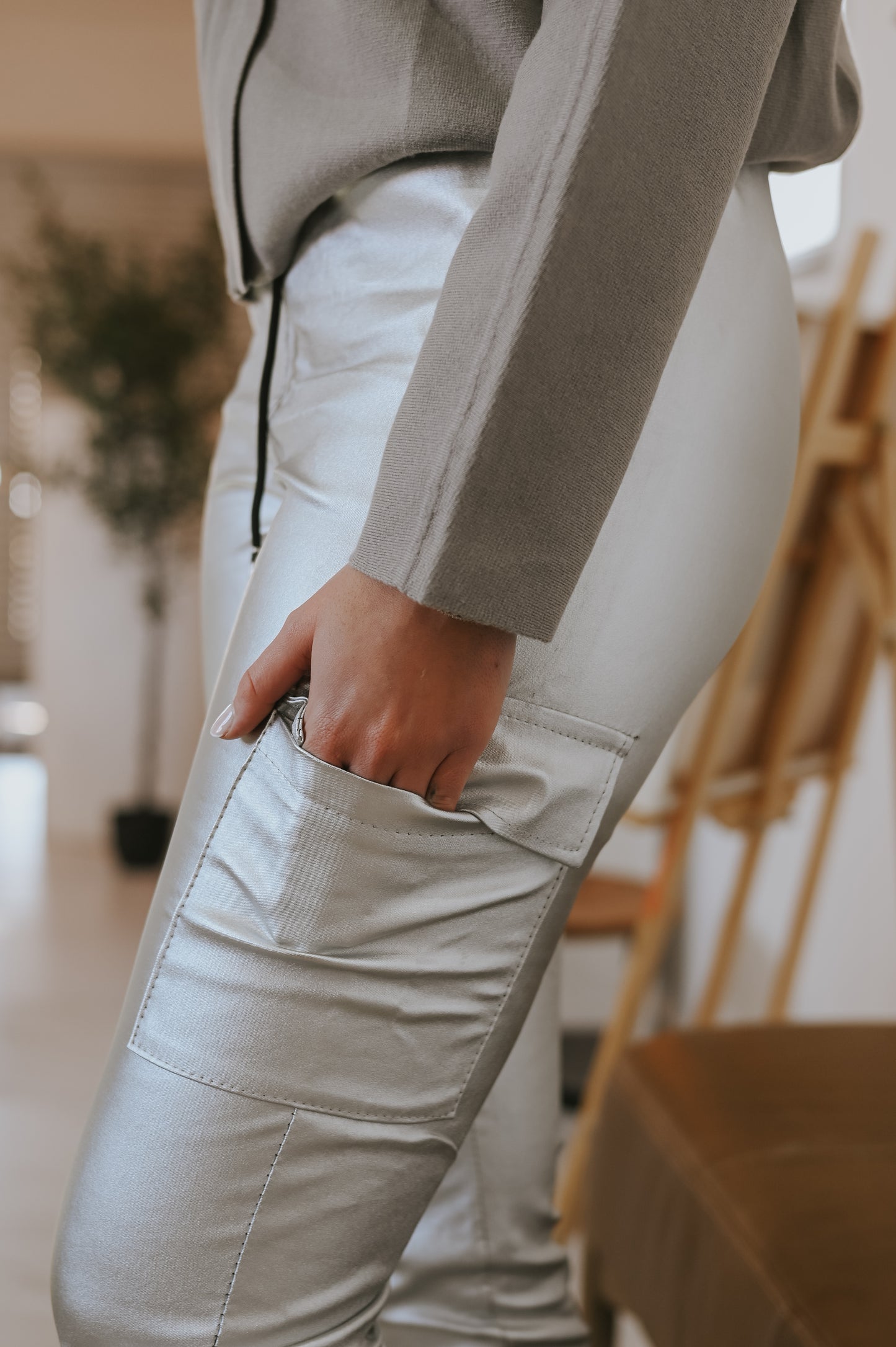 Italian Metallic Cargo Joggers - Silver