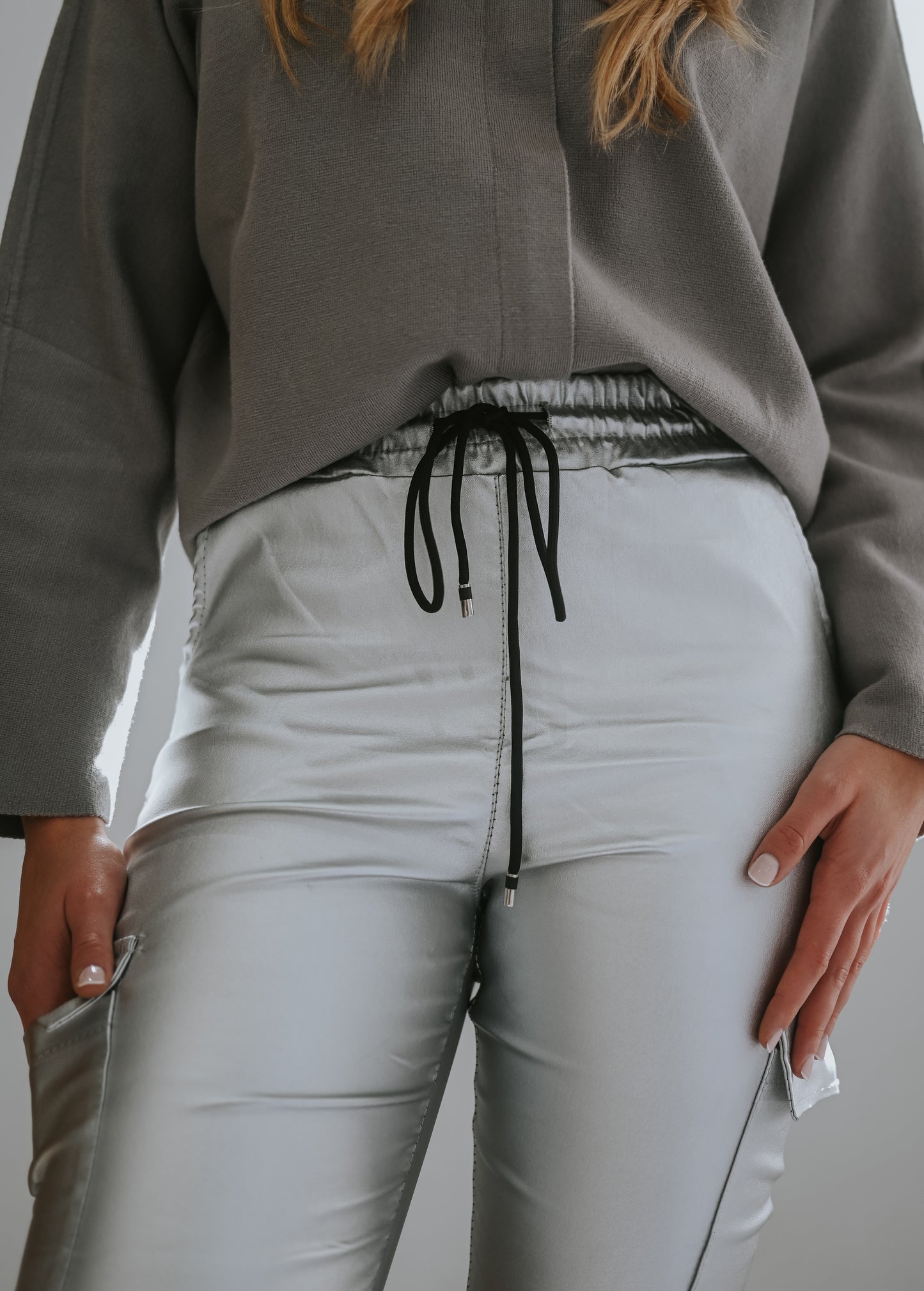 Italian Metallic Cargo Joggers - Silver