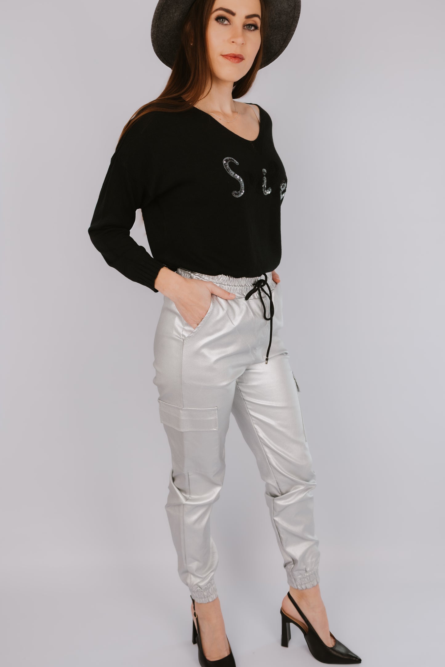 Italian Metallic Cargo Joggers - Silver
