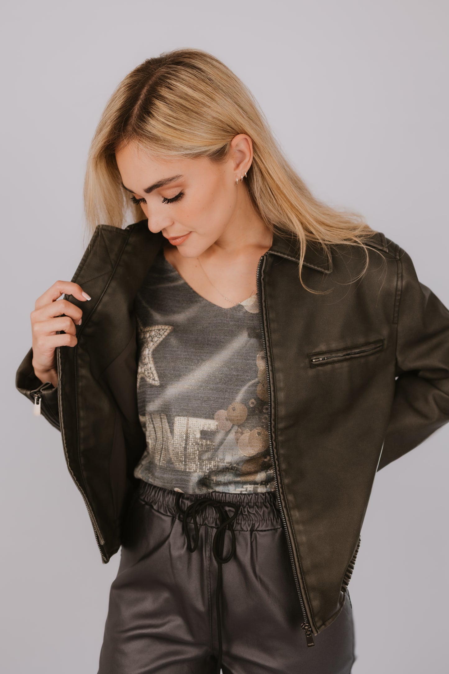 Yaya Faux Nubuck Leather Bomber Jacket