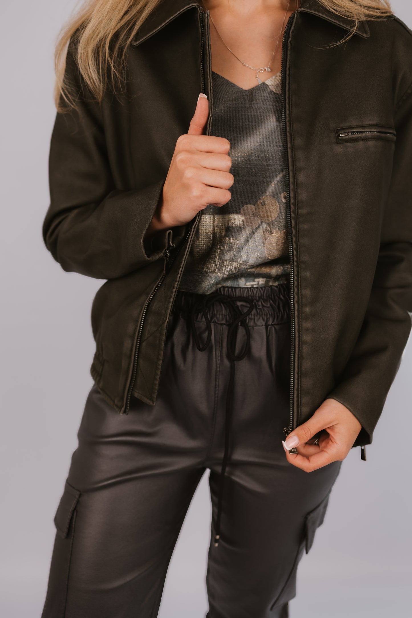 Yaya Faux Nubuck Leather Bomber Jacket