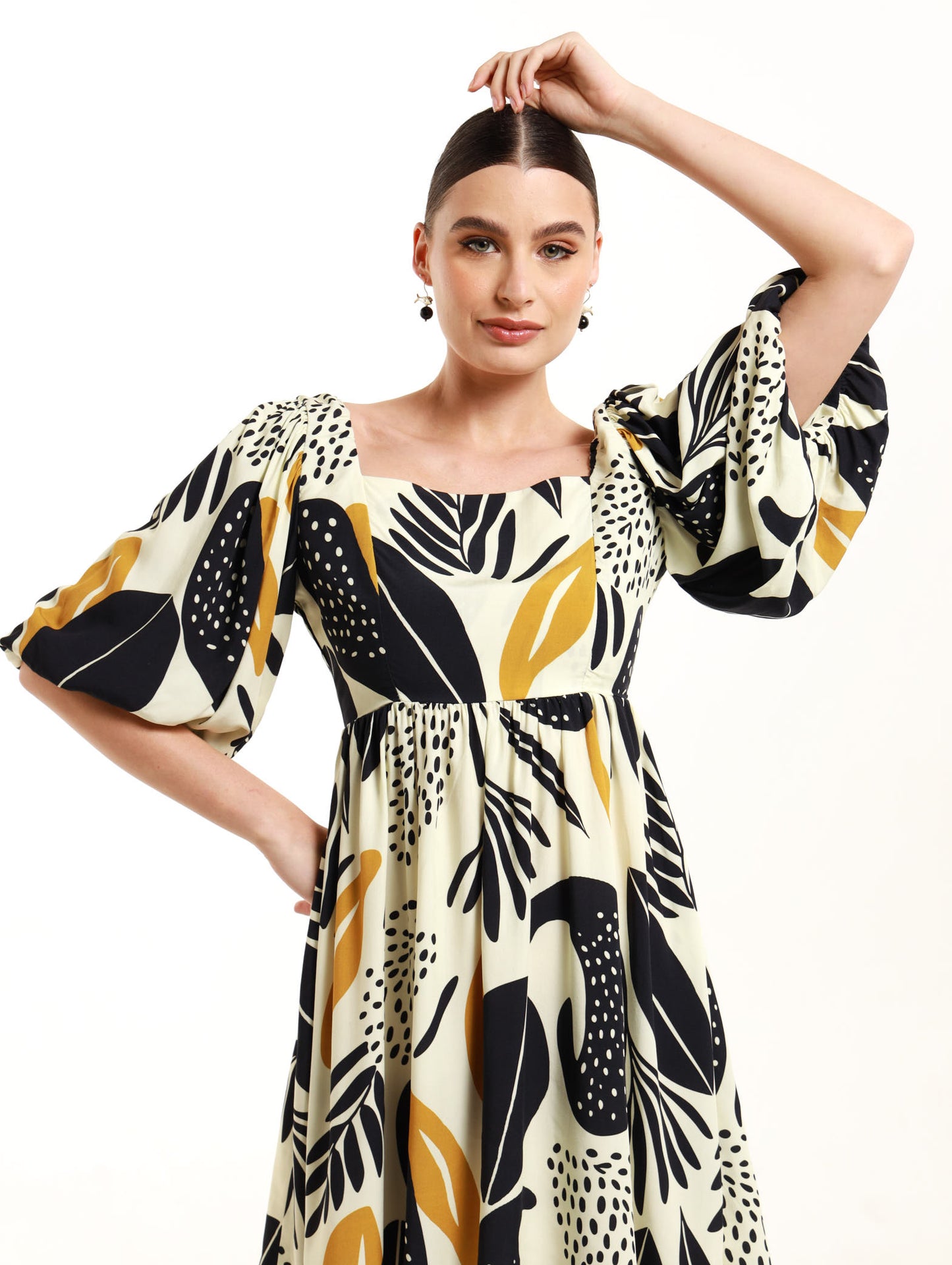 Puff Sleeve Midi / Coral Leaf