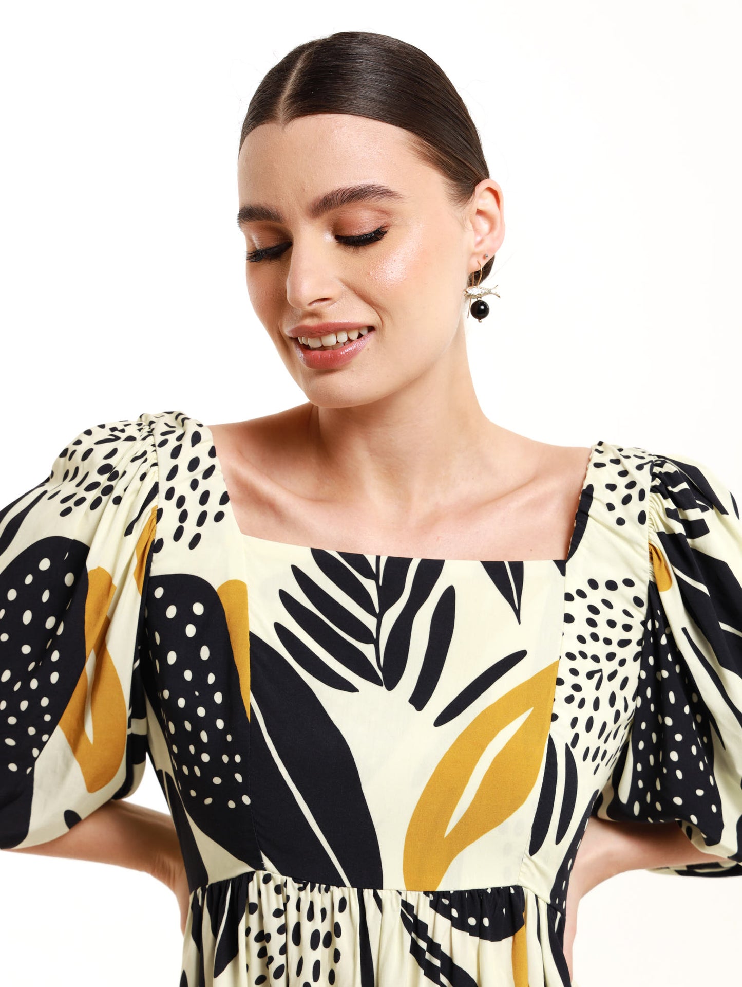 Puff Sleeve Midi / Coral Leaf