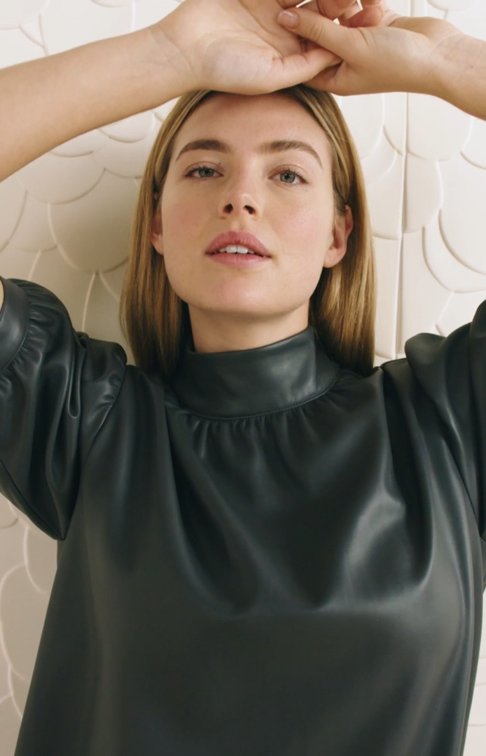 Yaya Faux leather dress with high neck, puff sleeves and zip