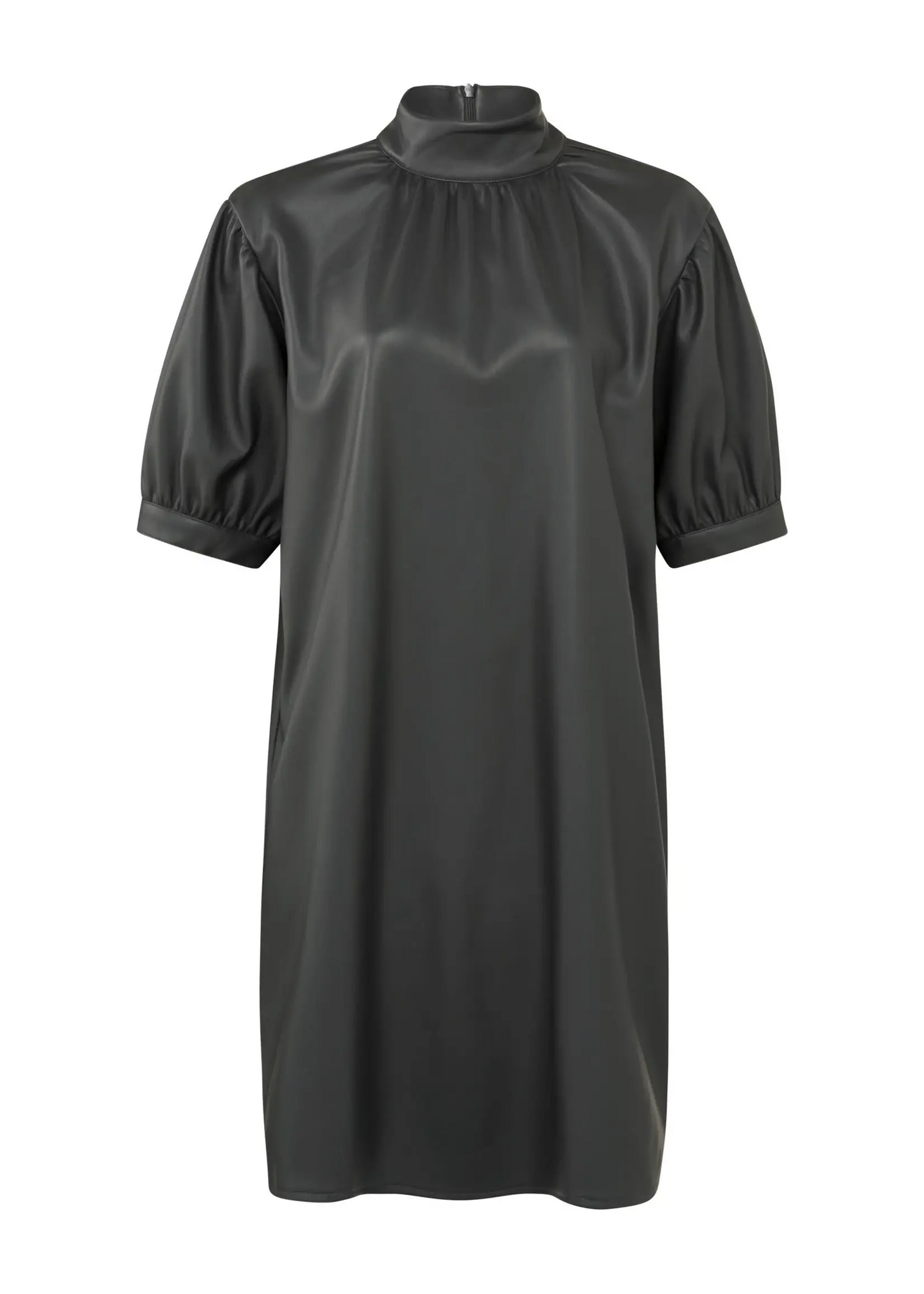 Yaya Faux leather dress with high neck, puff sleeves and zip