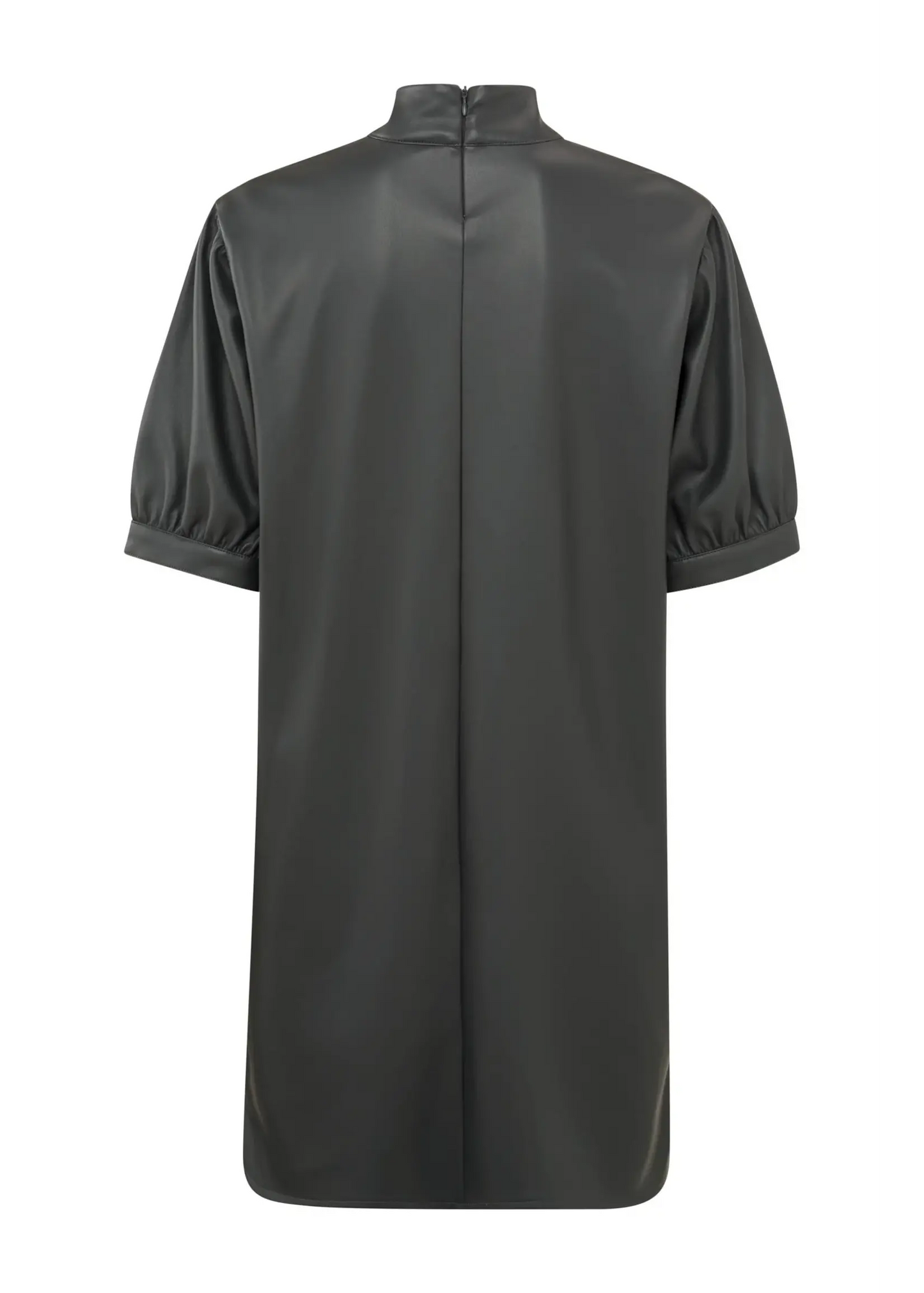 Yaya Faux leather dress with high neck, puff sleeves and zip