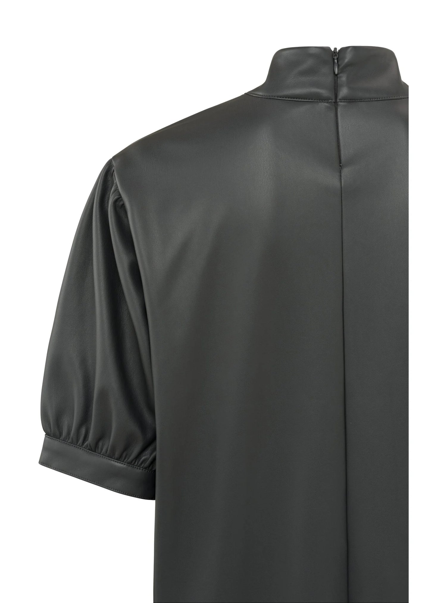 Yaya Faux leather dress with high neck, puff sleeves and zip