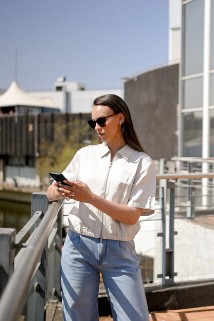 Satin Cropped Short Sleeve Jacket with Zipper