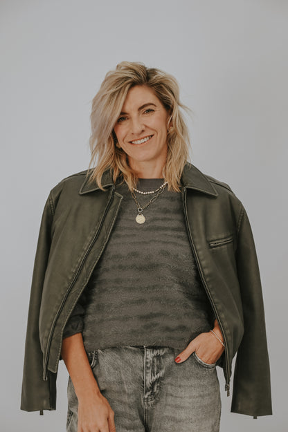 Yaya Faux Nubuck Leather Bomber Jacket