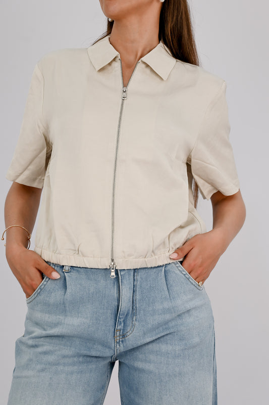 Satin Cropped Short Sleeve Jacket with Zipper