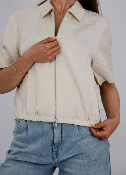 Satin Cropped Short Sleeve Jacket with Zipper