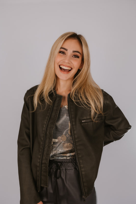Yaya Faux Nubuck Leather Bomber Jacket