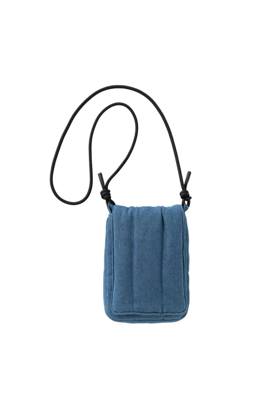 Padded denim phone bag with adjustable cord