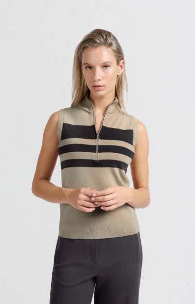 Sleeveless Blockstripe Sweater with Zipper