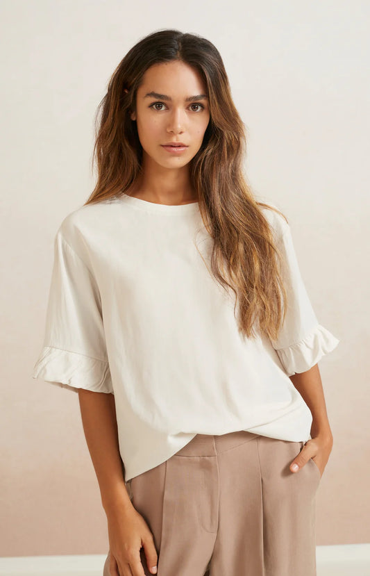 Yaya Fabric Mix Top With Ruffle Sleeve