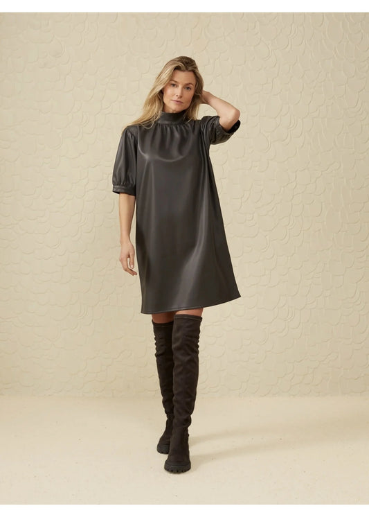 Yaya Faux leather dress with high neck, puff sleeves and zip